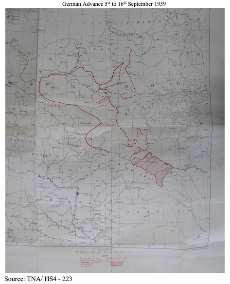 Map showing the German advance into Poland from 5th to 16th September 1939, with red lines marking troop movements and positions. Source: TNA/HS4-223.