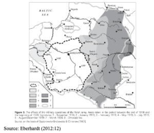 Map showing the military operations of the Polish army from 1918 to 1930, with borders, cities, and areas occupied during specific time periods marked by different patterns.