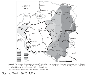 Map showing the military operations of the Polish army from 1918 to 1930, with borders, cities, and areas occupied during specific time periods marked by different patterns.