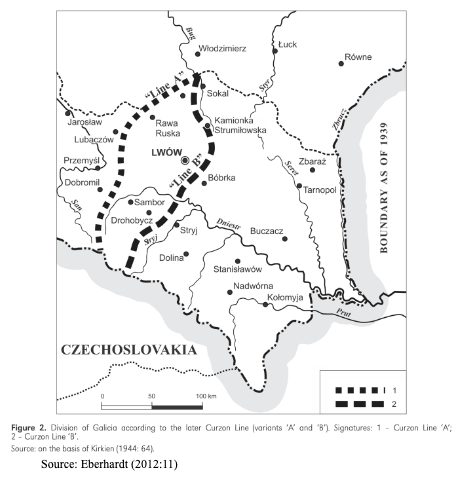 Black and white map showing the division of Galicia by the Curzon Line (variants A and B) with towns and the 1939 boundary, sourced from Eberhardt (2012:11).
