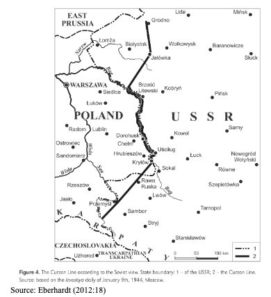Black and white map showing the Curzon Line between Poland and the USSR, with state boundaries indicated and major cities labelled.