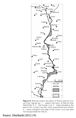 Map showing Poland’s post-WWII eastern boundary, the Curzon Line, and surrounding cities, with shaded areas indicating regions incorporated into or excluded from Poland.