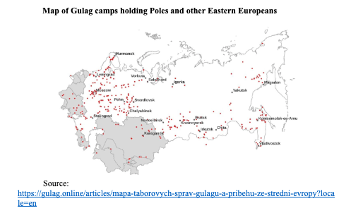Map of Russia and surrounding regions marked with red dots indicating locations of Gulag camps that held Poles and other Eastern Europeans. Source link provided below the map.