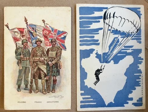 Two vintage postcards: one shows three soldiers with Polish, French, and British flags; the other shows a parachutist descending onto a map-like silhouette.