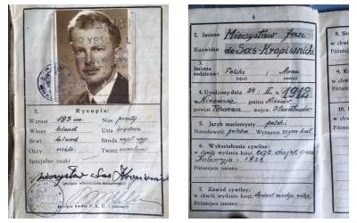 Two pages of an old identity document, featuring a black-and-white photo of a man on the left and personal details handwritten in Polish on the right.