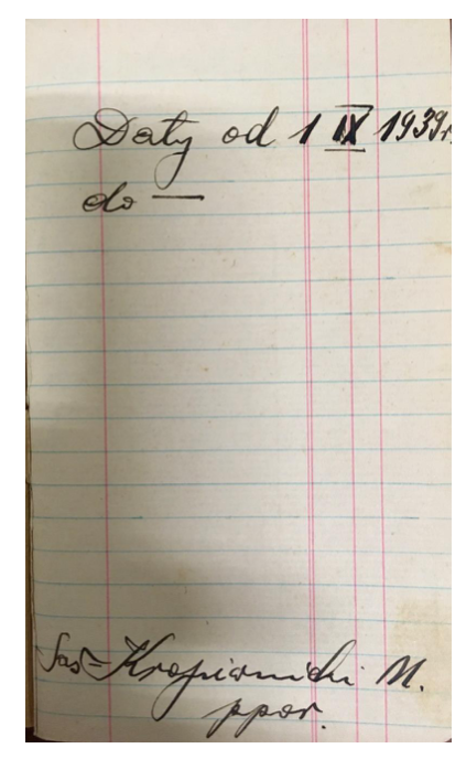 A handwritten page in Polish with the text “Daty od 1 IX 1939 do -” at the top and a signature at the bottom, on lined paper.