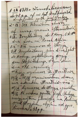 A handwritten journal or diary page in Polish, dated September 1939, featuring dated entries in cursive script on lined paper.