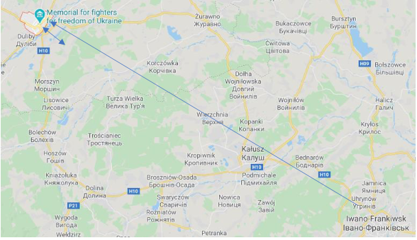 Map showing a straight line connecting the Memorial for fighters for freedom of Ukraine in Dublyany to Ivano-Frankivsk, passing through several towns and cities in Ukraine.