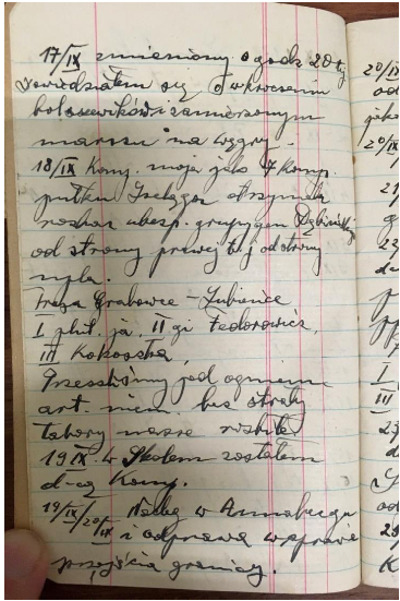A handwritten diary page with dated entries in Polish, featuring cursive script in black ink on lined paper.