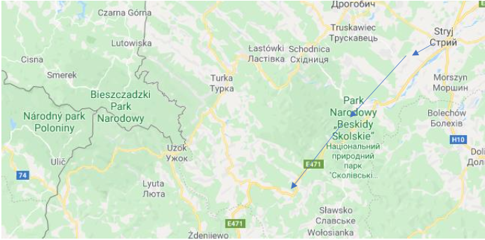 Map showing a route marked by a blue arrow from Stryi eastwards to Park Narodowy Beskidy Skolskie in western Ukraine, with surrounding parks and motorways labelled.