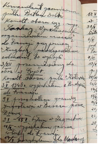 A handwritten page in a lined notebook displays text in Polish with notes, dates, and signatures authored in pen.