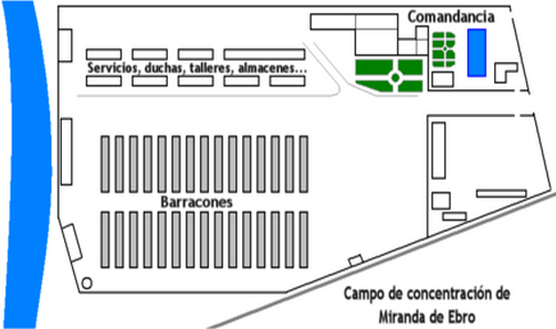 Map of Miranda de Ebro concentration camp showing barracks, service buildings, command area, and adjacent river.