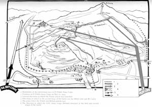 Black and white map showing ski runs, lifts, and facilities at a ski resort, with labelled pistes, roads, and mountain features.