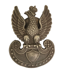 Bronze military badge featuring an eagle with outstretched wings wearing a crown, perched on a shield and curved decorative base.