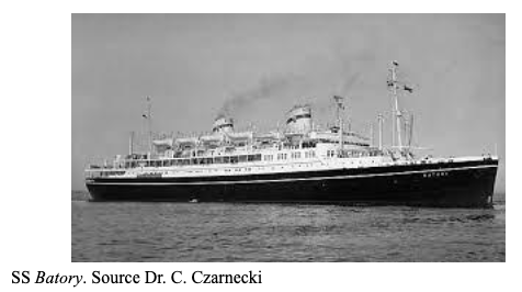 Black-and-white photo of the SS Batory, a large passenger ship with two funnels, sailing on calm water.