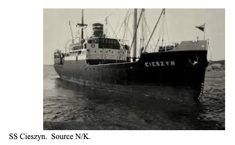 Black and white photo of the SS Cieszyn ship at sea, with its name clearly visible on the prow.