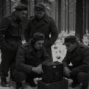 Four soldiers in winter uniforms operate and observe a vintage radio communication device in a snowy forest.