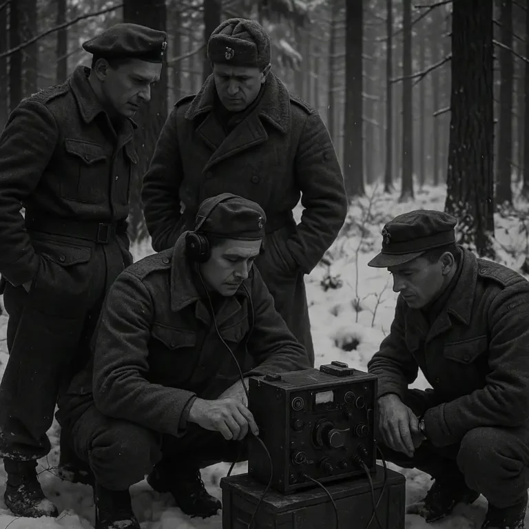 Four soldiers in winter uniforms operate and observe a vintage radio communication device in a snowy forest.