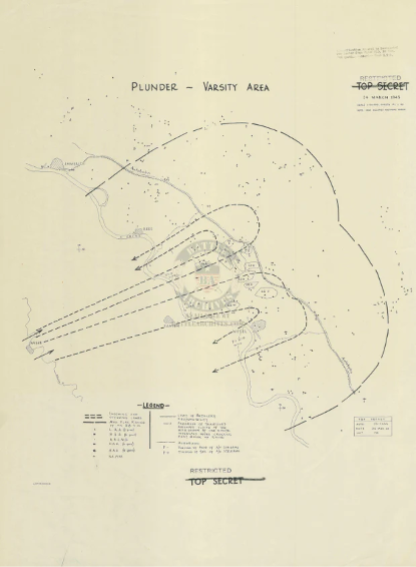 Black-and-white military map labelled "Plunder - Varsity Area," marked "Top Secret," showing strategic positions, boundaries, and legend with symbols and labels.