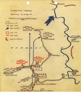 Hand-drawn military map titled "Operation Viersen, Germany 18-24 Mar '45," showing troop movements, attacks, and defences near the Rhine River during WWII.