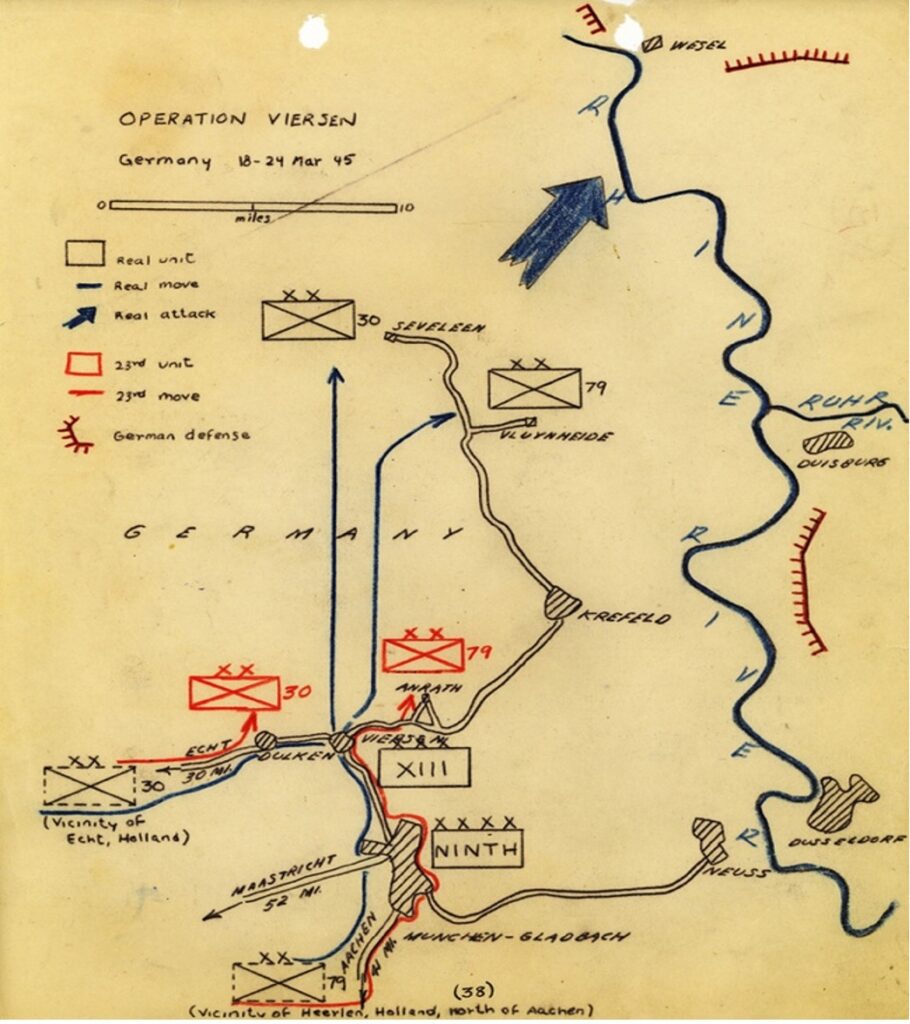 Hand-drawn military map titled "Operation Viersen, Germany 18-24 Mar '45," showing troop movements, attacks, and defences near the Rhine River during WWII.