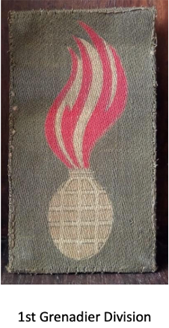 A cloth patch shows a grenade with red flames on a green background, representing the insignia of the 1st Grenadier Division.
