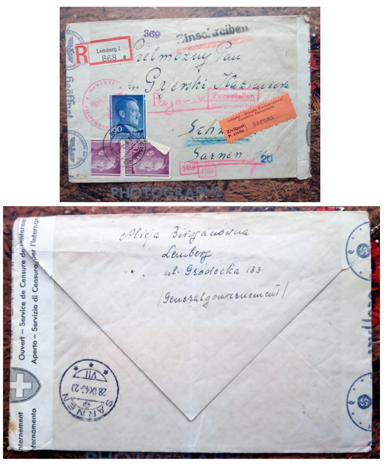Front and back of an old envelope with stamps, stickers, handwritten addresses, postal markings, and Swiss Red Cross service information.