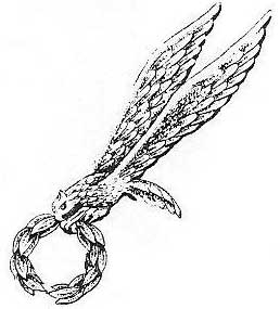 Black and white drawing of an eagle's head with outstretched wings, holding a laurel wreath in its beak.