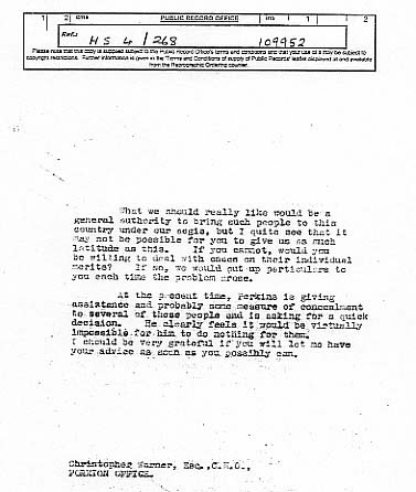 A typewritten letter referencing difficulties bringing people to the UK and the need for a quick decision, with an official heading and signature at the bottom.