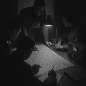 Black-and-white 1940s photo showing Polish intelligence officers planning around maps and radios in a wartime operations room.