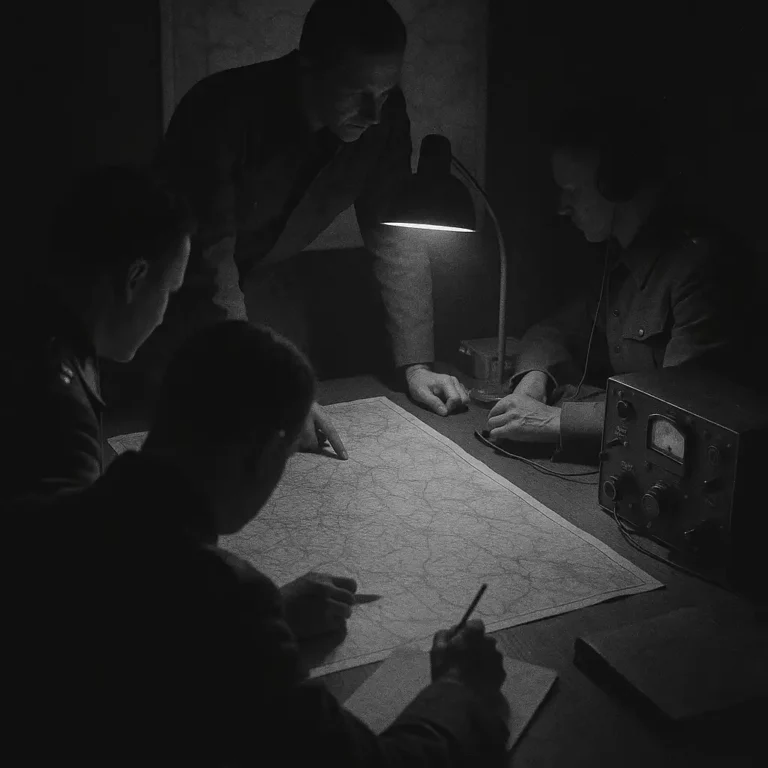 Black-and-white 1940s photo showing Polish intelligence officers planning around maps and radios in a wartime operations room.