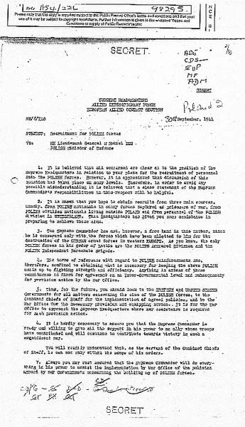 Declassified Second World War-era document marked "SECRET," typed on official letterhead, containing military correspondence and signatures.