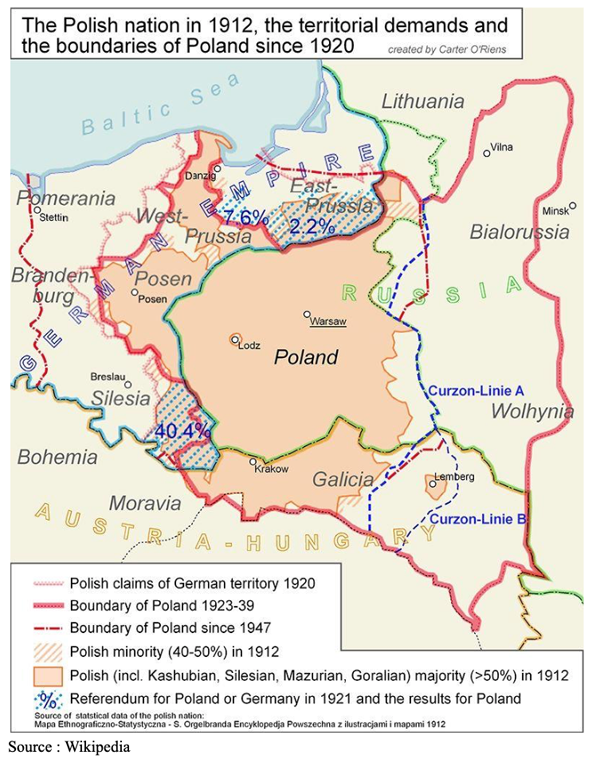 Map showing Poland's borders in 1912, territorial changes since 1920, and German territorial claims after 1920, with marked boundaries and neighbouring countries.
