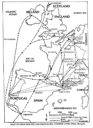 Map showing main evasion routes and French SIA courier lines during WWII, spanning from Spain and Portugal to France and the United Kingdom, with various air and escape routes marked.