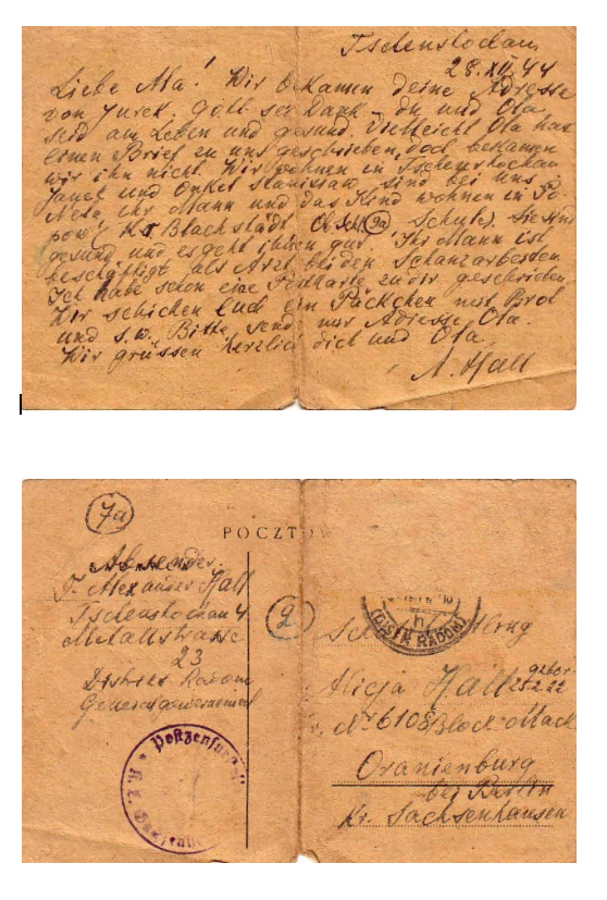 Two aged, handwritten postcards in German, with text on both sides; one side shows an address and several postal stamps.