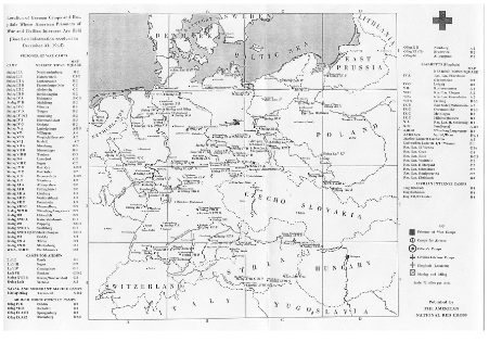 Black and white map of Europe during the Second World War showing locations of German and Axis prisoner of war camps, with a key and list of camp names on the sides.