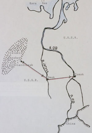 A simple map showing parts of the U.S.S.R., major cities Omsk and Tomsk, river routes, the Ural mountains, and borders with the Kara Sea and China.