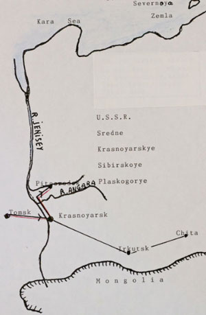 Hand-drawn map showing parts of Siberia, including Tomsk, Krasnoyarsk, Irkutsk, the Yenisey and Angara rivers, and the Kara Sea.