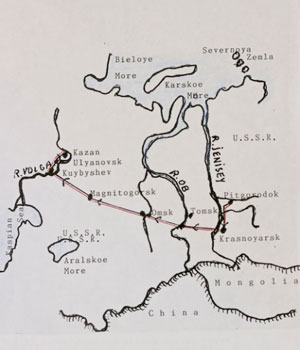 Black and white map showing parts of the U.S.S.R., China, and Mongolia with major rivers, cities, and a marked route across the Volga River, Yenisei River, and other locations.