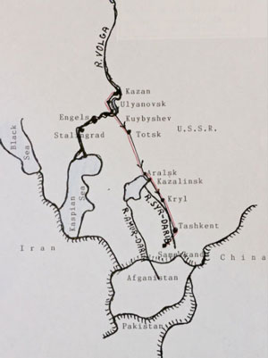 Black and white map showing a route from Stalingrad, USSR, eastwards through Central Asia towards China and Pakistan, with major rivers and cities labelled.