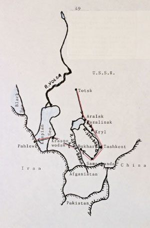 Black and white hand-drawn map showing parts of the USSR, Iran, Afghanistan, Pakistan, and China with labelled cities and rivers.