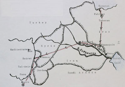 Black and white hand-drawn map showing parts of Turkey, Syria, Iraq, Iran, and Saudi Arabia with rivers, cities, and routes marked.
