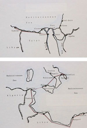 Two simple black-and-white maps showing transport or supply routes in the Mediterranean region, including parts of North Africa, Italy, and the Middle East.