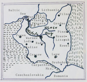 Hand-drawn map showing Poland and surrounding regions, including Germany, Lithuania, U.S.S.R., Czechoslovakia, and Romania, with major cities and rivers labelled.
