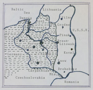 Black and white map of Poland and surrounding regions, including cities, rivers, and borders with Germany, Lithuania, the U.S.S.R., Czechoslovakia, and Romania.