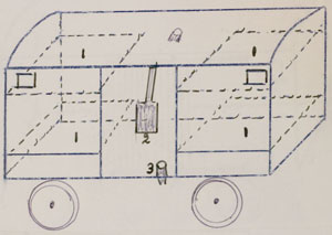 Simple line drawing of a box-shaped vehicle with four wheels, a lever on the front, and dashed lines indicating internal structure.