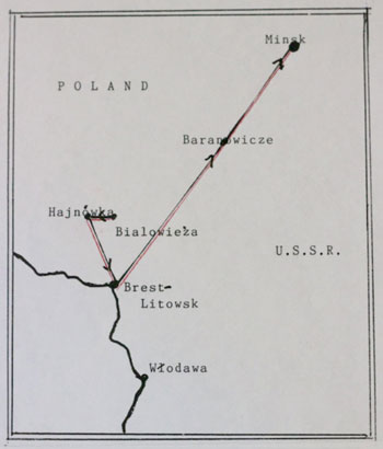 Simple black-and-white map showing routes from Brest-Litowsk, Poland, to Minsk, Baranowicze, Białowieża, Hajnówka, and Włodawa, near the Poland-USSR border.