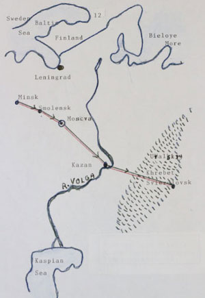Hand-drawn map showing the route from Leningrad to Uvalish, passing through Moscow and Kazan, with major seas and cities in northern and western Russia labelled.