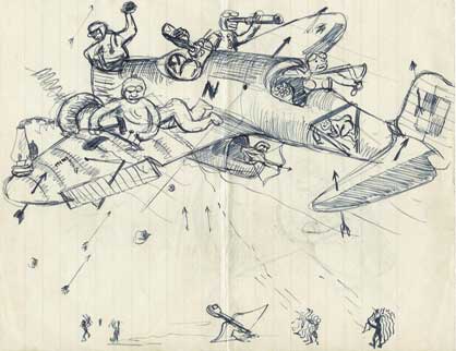 A hand-drawn sketch of four people on a damaged aeroplane, with arrows flying towards them from various directions.