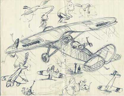 Pen sketch of a large propeller aeroplane surrounded by smaller cartoon aeroplanes, birds, and whimsical characters in various poses.